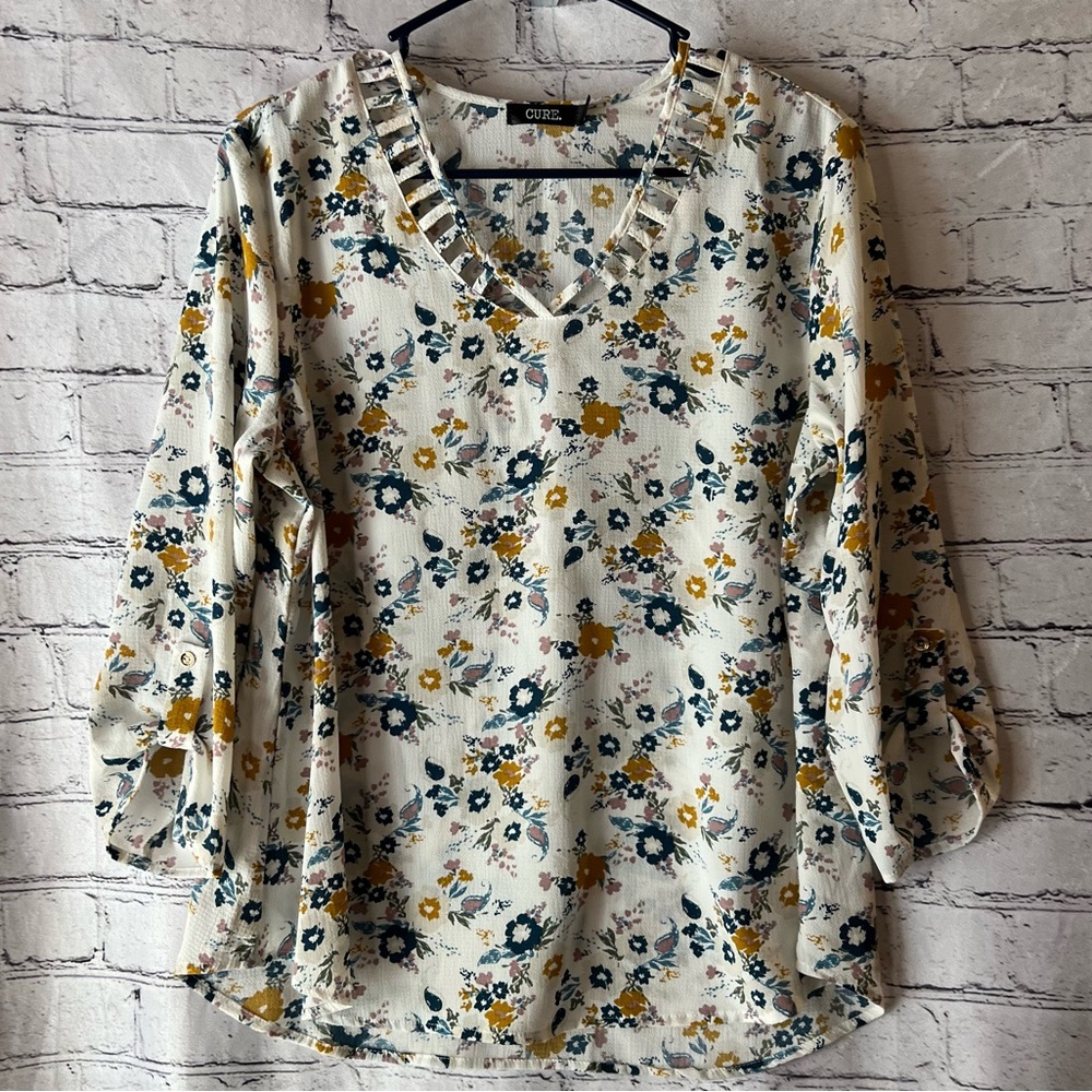 Cure‎ Women’s Floral 3/4 Sleeve Busness Casual Blouse Size Medium